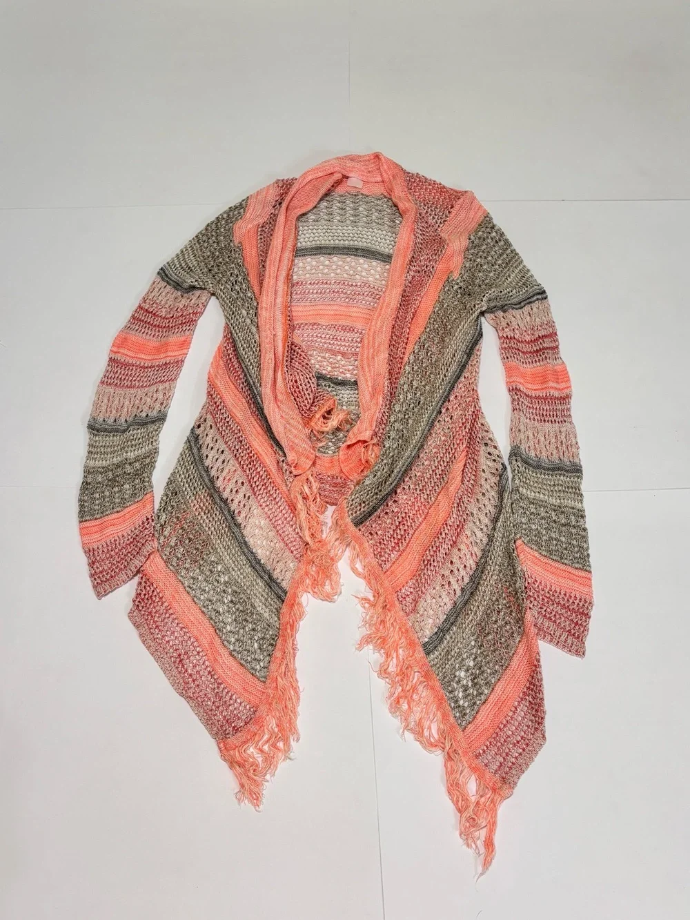 Maurices Women’s Striped Open-Front Fringe Cardigan Sweater - Coral & Tan